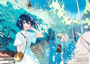 1girl akamoku artist_name bag original shirt short_hair stairs tree utility_pole white_shirt