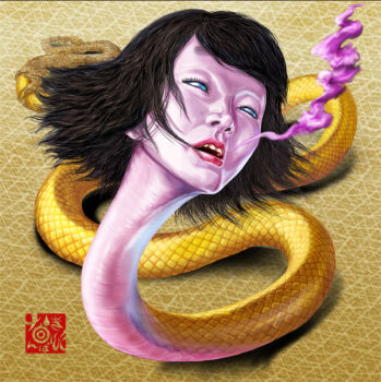 1girl :o black_hair blue_eyes breath commentary_request lipstick makeup medium_hair monster nanbakibi nure_onna original sarahebi_(youkai) snake solo traditional_youkai yellow_background