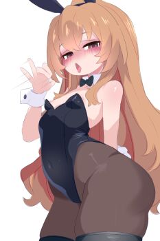 1girl aisaka_taiga animal_ears black_bow black_bowtie black_leotard black_pantyhose black_thighhighs blush bow bowtie breasts brown_eyes brown_hair collarbone detached_collar fake_animal_ears fake_tail fellatio_gesture highleg highleg_leotard highres kukuchi581 kyojiri_loli leotard loli long_hair looking_at_viewer nipple_slip nipples open_mouth pantyhose playboy_bunny rabbit_ears rabbit_tail small_breasts standing tail thick_thighs thighhighs thighs tongue tongue_out toradora! white_background wide_hips wrist_cuffs