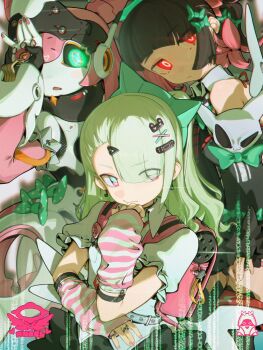 3girls arm_warmers asymmetrical_bangs backpack bag black_hair black_sclera chinatsu_remiel colored_sclera commentary deejey0126 earrings glowing glowing_eyes gradient_eyes green_eyes green_hair hair_ornament hairpin highres humanoid_robot idol jewelry joints long_hair looking_at_viewer multicolored_eyes multicolored_hair multiple_girls multiple_hairpins pink_bag pink_hair randoseru red_eyes robot robot_girl robot_joints rokudu_sariel shirt symbol-only_commentary twintails white_shirt yutane_johiel zenless_zone_zero