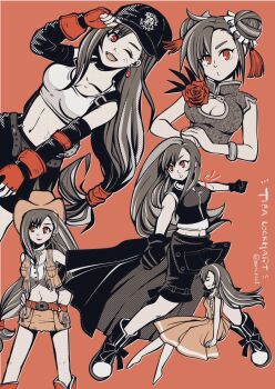 Rule 34 | adjusting clothes, adjusting headwear, aged down, arm ribbon, bare shoulders, barefoot, baseball cap, belt, black cape, black gloves, black hat, black shorts, black skirt, black vest, boots, breasts, brown hair, brown hat, brown skirt, brown vest, cape, character name, china dress, chinese clothes, cleavage cutout, closed eyes, clothing cutout, commentary request, cowboy boots, cowboy hat, crisis core: final fantasy vii, crop top, cropped vest, double bun, dress, dress flower, earrings, elbow gloves, final fantasy, final fantasy vii, final fantasy vii remake, fingerless gloves, flower, gloves, grey belt, hair bun, hair ornament, hands on own hips, hat, highres, jewelry, long hair, low-tied long hair, medium breasts, midriff, miniskirt, miri (mirik), multiple views, navel, official alternate costume, official alternate hairstyle, one eye closed, own hands together, parted lips, red background, red belt, red boots, red eyes, red flower, red gloves, red ribbon, red rose, ribbon, rose, shirt, shorts, silver bangle, sitting, skirt, smile, solo, sundress, suspenders, tassel, tassel hair ornament, tifa lockhart, tifa lockhart (cowgirl), tifa lockhart (sporty dress), twitter username, undershirt, vest, waist cape, white shirt