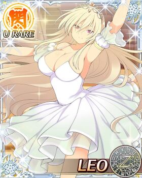 1girl aquarius_(symbol) aries_(symbol) armpits ballerina ballet blonde_hair border breasts cancer_(symbol) capricorn_(symbol) card_(medium) character_name cleavage dancing detached_sleeves dodecagram dress english_text flower fourth_position_of_the_arms gem gemini_(symbol) hair_between_eyes indoors large_breasts leo_(senran_kagura) leo_(symbol) libra_(symbol) long_hair looking_at_viewer official_art orange_gem pisces_(symbol) puffy_short_sleeves puffy_sleeves purple_eyes sagittarius_(symbol) scorpio_(symbol) senran_kagura senran_kagura_new_wave short_sleeves smile solo sparkle strap_gap taurus_(symbol) tiara tutu very_long_hair virgo_(symbol) white_dress zodiac_wheel