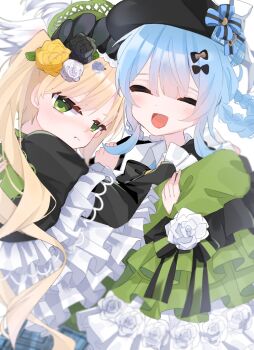 2girls :d black_flower black_hat black_rose blonde_hair blue_hair braid braided_hair_rings carrying carrying_person closed_eyes commentary_request d330fc deerstalker dress flower frilled_dress frills green_bonnet green_dress green_eyes hair_flower hair_ornament hair_rings hat highres long_hair long_sleeves mahou_shoujo_no_majo_saiban multiple_girls open_mouth pout rose short_hair smile tachibana_sherry tono_hanna twintails white_flower white_rose yellow_flower yellow_rose