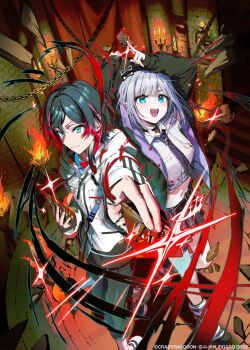 1boy 1girl absurdres aqua_eyes black_bow black_bowtie black_choker blue_eyes bow bowtie candlestand card chain choker collared_shirt crazy_raccoon crop_top feet_out_of_frame fire highres holding holding_card kaga_sumire looking_at_viewer medium_hair midriff multicolored_hair navel open_mouth shirt smile sparkle standing swept_bangs two-tone_hair uruca_(vtuber) vspo! wata_(attaka_towel) white_hair white_shirt