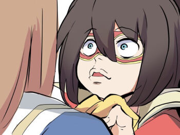 Rule 34 | 2girls, blue eyes, blue jacket, brown hair, clothes grab, el condor pasa (el numero 1) (umamusume), el condor pasa (umamusume), eye mask, grass wonder (stone-piercing blue) (umamusume), grass wonder (umamusume), hair between eyes, jacket, kawamochi (kawauti919), mask, meme, multiple girls, nijiura 7 (meme), parted lips, red jacket, sailor collar, shirt, shirt grab, simple background, umamusume, white background, white sailor collar, wide-eyed, yellow shirt