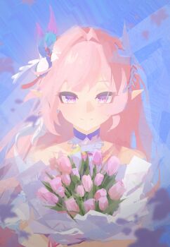 1girl absurdres bare_shoulders blue_sky bouquet bridal_veil chinese_commentary commentary_request cyrene_(honkai:_star_rail) cyrene_(ripples_of_past_reverie)_(honkai:_star_rail) diamond-shaped_pupils diamond_(shape) flower highres holding holding_bouquet honkai:_star_rail honkai_(series) long_hair looking_at_viewer lty-d pink_hair purple_eyes sky smile solo symbol-shaped_pupils upper_body veil very_long_hair
