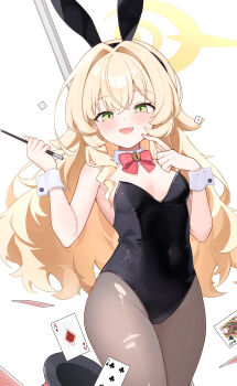 1girl absurdres alternate_costume animal_ear_hairband animal_ears black_hairband black_leotard black_pantyhose blonde_hair blue_archive bow bowtie breasts card collar covered_navel cowboy_shot detached_collar dice fake_animal_ears fang green_eyes hair_intakes hairband halo highres jiuchong_ying_fengxue leotard loli long_hair looking_at_viewer open_clothes pantyhose pink_lips playboy_bunny playing_card pole professor_niyaniya_(blue_archive) rabbit_ear_hairband rabbit_ears red_bow red_bowtie simple_background small_breasts smile solo strapless strapless_leotard torn_clothes torn_pantyhose wavy_hair white_background white_collar white_wrist_cuffs wrist_cuffs yellow_halo