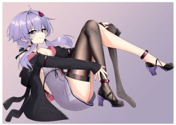 1girl animal_ears animal_hood bare_shoulders black_jacket black_shoes blush breasts brown_background brown_thighhighs closed_mouth commentary_request dress fake_animal_ears full_body gradient_background grey_eyes hair_between_eyes high_heels highres holding_unworn_thighhighs hood hood_down hooded_jacket jacket knees_together_feet_apart light_smile long_hair long_sleeves nail_polish off_shoulder pink_nails purple_background purple_dress purple_hair rabbit_ears rabbit_hood shoes sideboob single_thighhigh sleeves_past_wrists small_breasts solo thighhighs unworn_thighhighs vocaloid voiceroid yuzuki_yukari zooanime