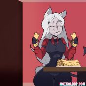 1boy 3girls animal_ears animated black_hair black_necktie black_pants black_vest breasts buttons cerberus_(helltaker) closed_eyes collared_shirt curvy dancing demon_girl demon_tail dog_ears eating food happy helltaker helltaker_(character) holding holding_food indoors long_hair long_sleeves looking_at_another looking_back medium_breasts moikaloop monster_girl multiple_girls necktie pancake pants photo-referenced plate red_eyes red_shirt shirt smile standing sunglasses table tail thick_thighs thigh_gap thighs vest video watermark web_address white_hair wide_hips