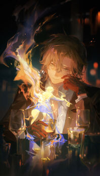 Rule 34 | 1boy, absurdres, alcohol, arm support, bar (place), black hair, black jacket, blue fire, blurry, blurry background, closed mouth, coin, collared shirt, cup, curtained hair, drinking glass, fire, glass, gloves, green eyes, hair between eyes, hand on own face, head on hand, head rest, highres, holding, holding cup, indoors, jacket, leonard mitchell, light smile, long sleeves, looking at cup, lord of the mysteries, male focus, medium hair, mini person, miniboy, partially unbuttoned, red gloves, shirt, underlighting, upper body, white shirt, wine glass, youling225