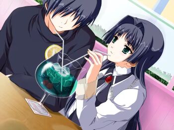 1boy 1girl black_hair cafe doko_e_iku_no_ano_hi dress drinking drinking_straw food fruit game_cg green_eyes juice kanno_touko kunimi_ema lemon long_hair non-web_source official_art