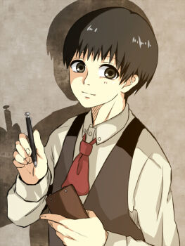Rule 34 | 1boy, ascot, black hair, black vest, closed mouth, collared shirt, commentary request, grey eyes, holding, holding notepad, holding pen, kaneki ken, light smile, long sleeves, male focus, mark under eye, notepad, pen, red ascot, shadow, shirt, shishi (eai make), short hair, solo, tokyo ghoul, upper body, very short hair, vest, waistcoat, waiter, white shirt