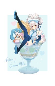 Rule 34 | 2girls, aqua background, arm tattoo, artist name, black boots, black sleeves, blue bow, blue hair, blue pants, blue shirt, boots, border, bow, candy, cat tattoo, character name, chibi, chocolate syrup, cinnamiku hairstyle, closed mouth, colored shoe soles, commentary, cosplay, costume switch, cup, dear arisu, detached sleeves, drinking straw, food, fruit, hair bow, hair rings, hatsune miku, hatsune miku (cosplay), heart, heterochromia, highres, ice cream, kiwi (fruit), kiwi slice, leg up, light blush, light particles, long hair, long sleeves, looking at viewer, multiple girls, original, outside border, oversized food, oversized object, panties, pants, pantyshot, parfait glass, parted lips, sanrio, shirt, shoe soles, shoes, short hair, sidelocks, sitting, sleeveless, sleeveless shirt, sparkle, sprinkles, striped clothes, striped panties, sundae, tattoo, thigh boots, thighs, twintails, two-tone bow, underwear, vocaloid, whipped cream, white border, white bow, yogurt