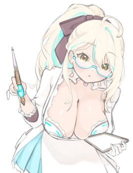 Rule 34 | 1girl, ahoge, apron, black bow, blair labri, blair labri (artist), blonde hair, blue-framed eyewear, blue skirt, blue streaks, bow, bra, breasts, chestnut mouth, cleavage, clipboard, frilled bra, frilled skirt, frills, gloves, highres, holding, holding clipboard, holding pen, indie virtual youtuber, large breasts, looking at viewer, partially fingerless gloves, pen, pleated skirt, skirt, taking order, underwear, virtual youtuber, waitress, white apron, white gloves, yellow eyes