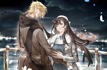 Rule 34 | 1boy, 1girl, ^ ^, aqua eyes, bag, balcony, beret, black hair, black scarf, blonde hair, blue dress, blue ribbon, blunt bangs, bow, braid, brown coat, chinese commentary, closed eyes, closed mouth, cloud, coat, commentary request, cowboy shot, dress, duffel jacket, earrings, facing another, grey jacket, hair between eyes, hand on another's arm, hand on another's hip, hat, hat bow, height difference, heroine (lovebrush chronicles), highres, jacket, jewelry, lars rorschach, lars rorschach (corridor of fate), light particles, long hair, long sleeves, looking at another, looking down, lovebrush chronicles, nail polish, neck ribbon, night, ocean, open clothes, open jacket, outdoors, peter pan collar, pinafore dress, plaid clothes, plaid jacket, profile, red nails, ribbon, ring, scarf, shirt, short hair, shoulder bag, side braid, sleeveless, sleeveless dress, smile, standing, stud earrings, wangulongdong, wedding ring, white bow, white hat, white shirt