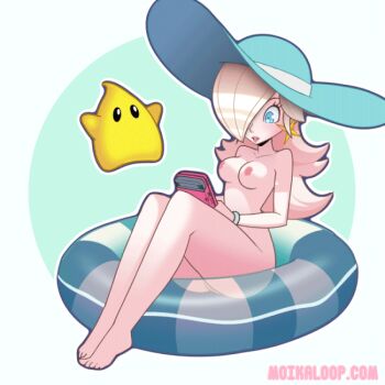 1girl 1other animated animated_gif ass bare_arms bare_shoulders barefoot blonde_hair blue_background blue_eyes border bouncing_breasts breasts cleavage cleft_of_venus collarbone completely_nude earrings float gameboy hair_over_one_eye innertube jewelry large_breasts long_hair looking_at_viewer luma_(mario) mario_(series) moikaloop navel nintendo nude pussy rosalina simple_background smile star_(symbol) star_earrings super_mario_bros._1 super_mario_galaxy swim_ring white_border