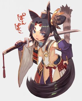 1girl armor asymmetrical_sleeves black_hair breast_curtains breasts commentary_request cropped_legs detached_sleeves fate/grand_order fate_(series) feather_hair_ornament feathers gloves grey_background grey_eyes hair_ornament hat highres holding holding_sword holding_weapon japanese_armor katana kusazuri lack long_hair looking_at_viewer medium_breasts open_mouth over_shoulder pom_pom_(clothes) revealing_clothes short_eyebrows shoulder_armor side_ponytail simple_background single_glove sode solo sword sword_over_shoulder tate_eboshi ushiwakamaru_(fate) ushiwakamaru_(second_ascension)_(fate) very_long_hair weapon weapon_over_shoulder wide_sleeves