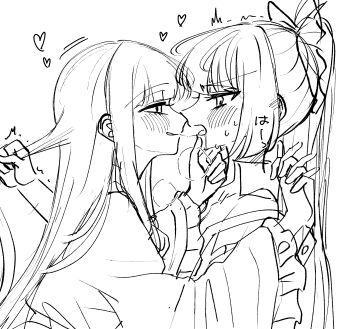 2girls after_kiss blush bow collared_shirt commentary_request drooling eye_contact frilled_sleeves frills fujiwara_no_mokou greyscale hair_bow hand_on_another's_chin heart highres holding_another's_hair holding_hands houraisan_kaguya interlocked_fingers long_sleeves looking_at_another monochrome multiple_girls ponytail saliva saliva_trail shirt sketch tamiko_(tamik0224) touhou translation_request trembling wide_sleeves yuri