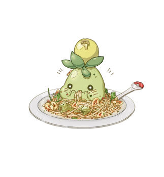 :i black_eyes bright_pupils commentary_request eating food highres nintendo no_humans notice_lines pasta plate pokemon pokemon_(creature) raid_(donghyeok) simple_background sitting smoliv solo spaghetti wavy_mouth white_background white_pupils