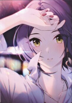 Rule 34 | 1girl, bad link, earrings, hayami kanade, highres, idolmaster, idolmaster cinderella girls, jewelry, moonlight, nail polish, necklace, open mouth, purple nails, shirt, short hair, suspenders, tomari (veryberry00), white shirt