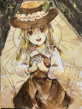 1girl :d blonde_hair breasts brown_hat brown_skirt brown_vest commentary_request cross dolls_in_pseudo_paradise feathers fedora frilled_shirt_collar frills green_feathers hat hat_feather highres jacket_girl_(dipp) long_hair long_sleeves looking_at_viewer neck_ribbon nek0magur0 open_mouth own_hands_clasped own_hands_together puffy_sleeves red_eyes red_ribbon ribbon skirt small_breasts smile solo teeth touhou traditional_media upper_body upper_teeth_only vest