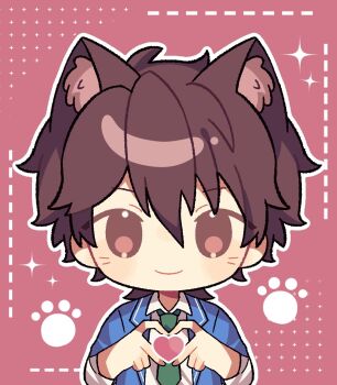 Rule 34 | 1boy, animal ears, blue jacket, brown hair, cat ears, closed mouth, collared shirt, commentary, ensemble stars!, extra ears, eyes visible through hair, green necktie, hands up, heart, heart hands, highres, jacket, looking at viewer, male focus, mei tongzhi wo a, morisawa chiaki, necktie, outline, paw print, red background, red eyes, school uniform, shirt, short hair, simple background, sleeves rolled up, smile, solo, sparkle, symbol-only commentary, upper body, white outline, yumenosaki school uniform