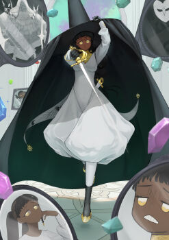 1girl absurdres black_gloves black_hair braid breasts commentary_request dark-skinned_female dark_skin desscaras gem gloves golconda_(madan_no_ichi) hair_ornament hat highres holding holding_sword holding_weapon iskandar_(madan_no_ichi) madan_no_ichi majik_(madan_no_ichi) ne_ro28 scabbard sheath sword v weapon witch_hat yellow_eyes