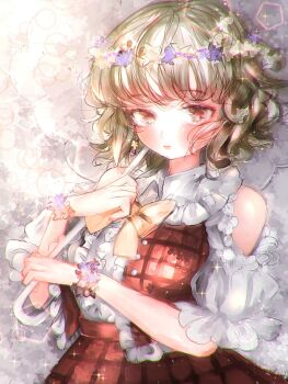 1girl bare_shoulders bow bowtie bracelet brown_eyes center_frills closed_mouth clothing_cutout cowboy_shot earrings flower_bracelet flower_earrings flower_wreath frilled_shirt_collar frills green_hair highres holding holding_umbrella jewelry kazami_yuuka lens_flare light_particles looking_at_viewer majamari non-circular_lens_flare open_clothes open_vest plaid_clothes plaid_skirt plaid_vest puffy_short_sleeves puffy_sleeves red_skirt red_vest shirt short_hair short_sleeves shoulder_cutout skirt solo sparkle standing touhou umbrella vest white_shirt white_umbrella yellow_bow yellow_bowtie