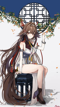 1girl absurdres animal_ears artist_name bare_shoulders black_shoes breasts brown_hair brown_socks commentary_request detached_sleeves dress droopy_ears from_side hair_intakes hairband highres horse_ears horse_girl horse_tail large_breasts lattice long_hair looking_at_viewer looking_to_the_side maria_(syake-uni) pelvic_curtain red_eyes round_window shoes sitting smile socks solo tail very_long_hair white_dress white_hairband window ye_shunguang zenless_zone_zero