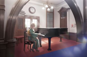 1girl analog_clock back_bow blue_eyes bow brown_sandals ceras_yanagida_lilienfeld chair clock day flower full_body game_cg gold_flower grand_piano green_kimono grey_hair hair_flower hair_ornament hand_on_lap hasu_no_sora_karuta_(love_live!) highres indoors instrument japanese_clothes kimono link!_like!_love_live! long_sleeves love_live! non-web_source obi obiage obijime official_art on_chair piano piano_bench sandals sash short_hair sitting socks solo tabi virtual_youtuber white_socks wide_sleeves yellow_sash