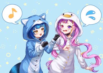 Rule 34 | 2girls, absurdres, alternate costume, animal hood, bandage on cheek, black gloves, blonde hair, blue background, blue hair, blush, buttons, cat hood, chromashift, cmmlrp, commentary, commission, duck hood, english commentary, eyelashes, fang, flying sweatdrops, gloves, hair bun, hair ornament, hairclip, heterochromia, highres, hood, hood up, lightning bolt, lightning bolt hair ornament, lightning bolt symbol, long sleeves, multicolored hair, multiple girls, musical note, onesie, open mouth, pajamas, party animals, paw pose, pill hair ornament, pink eyes, pink hair, poko rakun, purple eyes, raccoon girl, raccoon tail, riro ron, second-party source, short hair, single side bun, skeb commission, smile, spoken flying sweatdrops, spoken musical note, star (symbol), star hair ornament, tail, twintails, two-tone hair, virtual youtuber, yellow eyes