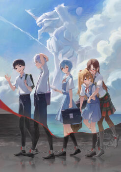 2boys 3girls absurdres arm_up ayanami_rei backpack bag belt black_bag black_belt black_hair black_necktie black_pants black_skirt blue_dress blue_eyes blue_hair book brown_bag brown_hair brown_pantyhose closed_mouth cloud commentary_request contrail cuffs curtained_hair day dress eva_01 full_body glasses green_bag hair_between_eyes hand_on_another&#039;s_arm highres holding holding_bag holding_book ikari_shinji interface_headset_(evangelion) kneehighs long_hair looking_at_another makinami_mari_illustrious mecha_pilot_suit moon multiple_boys multiple_girls nagisa_kaworu neck_ribbon necktie neon_genesis_evangelion ocean open_book open_mouth orange_hair outdoors pants pantyhose pinafore_dress pleated_skirt plugsuit_(evangelion) red-framed_eyewear red_eyes red_ribbon ribbon satellite999 school_bag school_uniform shackles shirt short_hair short_sleeves shoulder_bag skirt sky sleeveless sleeveless_dress socks souryuu_asuka_langley split_theme tokyo-3_middle_school_uniform very_short_hair walking white_hair white_shirt white_socks