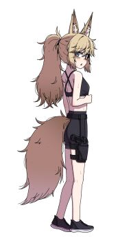 after_exercise ahoge animal_ears back bare_legs bare_shoulders bike_shorts black_shoes black_shorts black_sports_bra blonde_hair blue_eyes commission commissioner_upload fox_ears fox_girl fox_tail gun handgun highres holster holstered karepack kino_(senkoin) long_hair looking_back messy_hair midriff open_mouth original ponytail shoes shorts sports_bra staccato_2011 sweat sweatdrop tail thigh_holster thighs weapon white_background