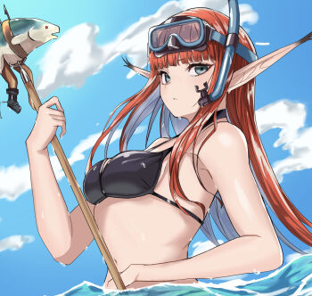 1girl alternate_costume bikini black_bikini blue_eyes blue_sky breasts cloud commentary_request day fish highres holding holding_polearm holding_weapon hulkenberg_(metaphor:_refantazio) long_hair looking_at_viewer medium_breasts metaphor:_refantazio ocean outdoors partially_submerged pointy_ears polearm red_hair s-m-53413 sky solo swimsuit water weapon wet