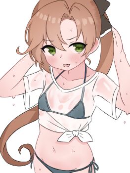 1girl akigumo_(kancolle) bikini black_ribbon breasts brown_hair collarbone commentary_request green_eyes grey_bikini hair_ribbon highres kantai_collection long_hair looking_at_viewer matu_(matu19) navel ponytail ribbon see-through_clothes see-through_shirt shirt short_sleeves side-tie_bikini_bottom simple_background small_breasts solo sweater swimsuit tied_shirt upper_body wet wet_clothes wet_shirt white_background white_shirt