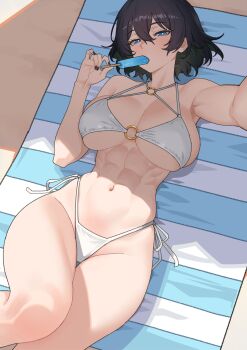 1girl abs absurdres beach_towel bikini black_hair black_nails blue_eyes breasts bright_pupils commentary crossed_bangs double-parted_bangs english_commentary feet_out_of_frame fingernails food food_in_mouth hair_between_eyes highleg highleg_bikini highres holding holding_food holding_popsicle kuso_otoko large_breasts long_fingernails looking_at_viewer lying muscular muscular_female nail_polish navel o-ring o-ring_bikini o-ring_top on_back outstretched_arm popsicle popsicle_in_mouth shade short_hair side-tie_bikini_bottom skindentation solo stomach string_bikini swimsuit thigh_gap towel uragoner white_bikini white_pupils