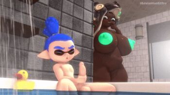1boy 1girl age_difference animated animated_gif breasts cleavage doggystyle excessive_cum huge_breasts inkling inkling_boy inkling_player_character large_breasts leviantan581re lowres marina_(splatoon) masturbation nintendo nipples octoling paizuri sex sex_from_behind shota splatoon_(series) tentacle_hair vaginal