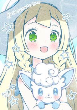 1girl :d alolan_form alolan_vulpix blonde_hair blush braid dress emo_(mikan) gen_7_pokemon green_eyes hat highres holding holding_pokemon lillie_(pokemon) long_hair looking_at_viewer nintendo open_mouth pokemon pokemon_(anime) pokemon_(creature) pokemon_sm_(anime) sleeveless sleeveless_dress smile star_(symbol) twin_braids twitter_username white_dress white_hat