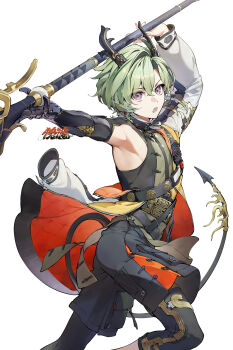 Rule 34 | 1boy, arknights, arknights: endfield, armpits, belt, black jacket, black shorts, duplicate, green hair, horns, jacket, lance, lifeng (arknights), looking at viewer, pavilionushima, polearm, purple eyes, short hair, shorts, simple background, solo, tail, weapon, white background