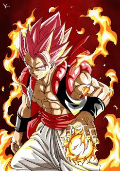 1boy alternate_color aura black_vest cowboy_shot cropped_vest dragon_ball dragon_ball_super dragon_ball_super_broly fire gogeta highres kakeru_(dbskakeru) male_focus medium_hair metamoran_vest open_clothes open_vest pants red_background red_eyes red_hair red_sash sash solo spiked_hair super_saiyan super_saiyan_god vest white_pants