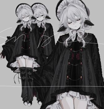 Rule 34 | 1girl, absurdres, animal ears, black dress, black eyes, black footwear, black headwear, bonnet, bow, bowtie, closed eyes, closed mouth, commission, dress, frilled dress, frills, goat ears, hair between eyes, hen10, high-low dress, highres, long sleeves, multiple views, original, simple background, white background, white bow, white hair