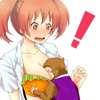1girl between_breasts bikini blush breasts hataraku_maou-sama! head_between_breasts large_breasts ma_(s-m-l) monkey open_mouth orange_eyes orange_hair sadao_(hataraku_maou-sama) sasaki_chiho short_hair short_twintails solo_focus swimsuit twintails