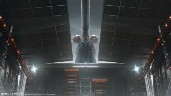 absurdres copyright_name copyright_notice from_below grey_sky highres logo no_humans official_art official_wallpaper scenery sky spacecraft truss xinyue_tongxing