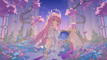 1girl absurdres aqua_hair as_i&#039;ve_written_(honkai:_star_rail) blue_sky book breasts cherry_blossoms chinese_commentary commentary_request cyrene_(honkai:_star_rail) cyrene_(ripples_of_past_reverie)_(honkai:_star_rail) diamond-shaped_pupils diamond_(shape) dress flower hair_flower hair_ornament high_heels highres honkai:_star_rail honkai_(series) large_breasts long_hair medium_hair multicolored_hair pink_hair purple_eyes sky solo star_(sky) starry_sky symbol-shaped_pupils very_long_hair white_dress white_hair wisteriafalls