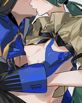 2girls black_gloves blue_gloves blue_jacket blush censored clothes_lift collared_shirt commentary emoji emoji_censor geeta_(pokemon) gloves grabbing_another&#039;s_breast green_hair groping highres jacket kiss long_hair long_sleeves multiple_girls nanaasuzy nintendo pokemon pokemon_sv ponytail rika_(pokemon) shirt shirt_lift yellow_shirt yuri