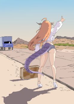 1girl absurdres ahoge alternate_costume cosplay dragon_girl dragon_horns dragon_tail from_behind high_heels highres hitchhiking hololive horns kiryu_coco long_hair long_sleeves onihime_takun orange_hair pointy_ears sabrina_carpenter sabrina_carpenter_(cosplay) scene_reference shirt shoes short_shorts shorts suitcase tail thumbs_up virtual_youtuber white_shirt white_shoes