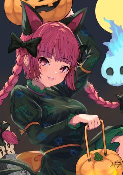 1girl absurdres animal_ear_fluff animal_ears bow braid breasts cat_ears cat_tail commentary_request dress extra_ears fang fire flaming_skull floating_skull green_dress hair_bow halloween harumomiji highres jack-o&#039;-lantern juliet_sleeves kaenbyou_rin long_hair long_sleeves looking_at_viewer multiple_tails nekomata open_mouth puffy_sleeves red_eyes red_hair revision signature skull smile solo tail touhou twin_braids two_tails