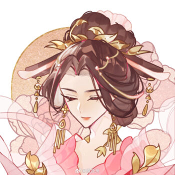 1girl brown_hair chinese_clothes chinese_commentary closed_eyes closed_mouth curtained_hair dress earrings floating_earrings floral_background flower flower_earrings full_moon gold_choker gold_earrings hagoromo hair_bun hair_ornament hair_stick hanfu highres hua_yi_shanxin_zhiyue jewelry leaf_hair_ornament moon orange_lips parted_bangs peony_(flower) pink_dress pink_flower pink_hanfu portrait shawl sidelocks_tied_back smile solo tassel tassel_hair_ornament wei_yang white_background ya_ji_zhou