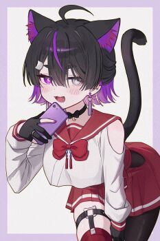 Rule 34 | 1girl, absurdres, ahoge, animal ear fluff, animal ears, asymmetrical legwear, black choker, black gloves, black hair, black thighhighs, blush, border, breasts, cat ears, cat girl, cat tail, cellphone, character request, choker, commentary request, copyright request, cowboy shot, ear piercing, earrings, fangs, gloves, grey eyes, hair between eyes, heterochromia, highres, holding, holding phone, jewelry, large breasts, long sleeves, looking at viewer, mismatched legwear, multicolored hair, namin (namin star), open mouth, partially fingerless gloves, phone, piercing, purple border, purple eyes, purple streaks, red skirt, shirt, short hair, single thighhigh, skirt, smartphone, solo, streaked hair, tail, thigh strap, thighhighs, white background, white shirt