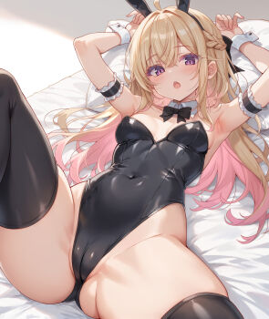 Rule 34 | 1girl, animal ear hairband, animal ears, armpits, arms up, bare shoulders, black leotard, black thighhighs, blonde hair, blush, bow, bowtie, braid, breasts, cameltoe, cleavage, colored inner hair, commentary, covered navel, crossed bangs, detached collar, fake animal ears, hair between eyes, hairband, highleg, highleg leotard, highres, leotard, long hair, looking at viewer, lying, multicolored hair, on back, original, pink eyes, pink hair, playboy bunny, rabbit ear hairband, rabbit ears, rikudou inuhiko, solo, spread legs, strapless, strapless leotard, thighhighs, untranslatable commentary, white wrist cuffs, wrist cuffs